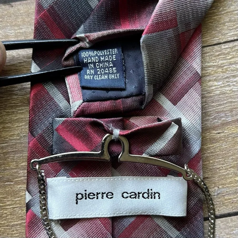 Pierre Cardin‎ Mens Geometric Plaid Tie Burgundy Grey Black Tie Chain Accessory
